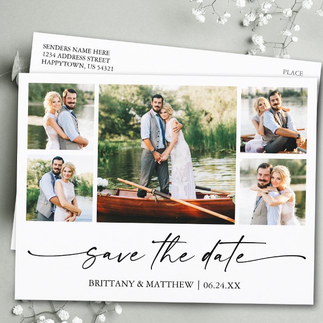 Modern Minimalist Ink Script Save The Date 5 Photo Postcard (Customize to change your personalized text size or text style.)