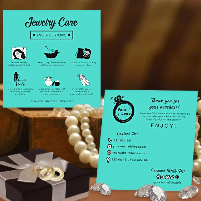 Modern Minimalist Jewellery Care Instructions Teal Enclosure Card (Creator Uploaded)