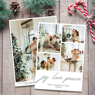 Modern Minimalist Joy Love Peace 5 Photo Green Holiday Card