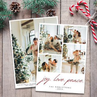 Modern Minimalist Joy Love Peace 5 Photo Red Holiday Card