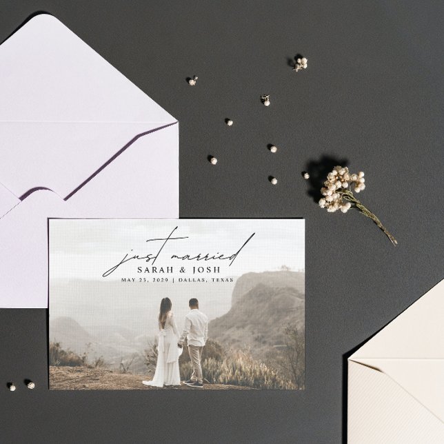 Modern Minimalist Just Married 3 Photo Wedding  Announcement (Wedded Bliss! Join Our Post-Wedding Bash 🥂🎉 [Customize Here])
