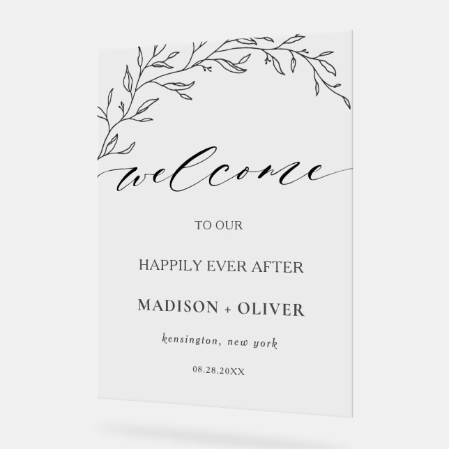 Modern Minimalist Laurel Branch Wedding Welcome  Acrylic Sign (Angle)