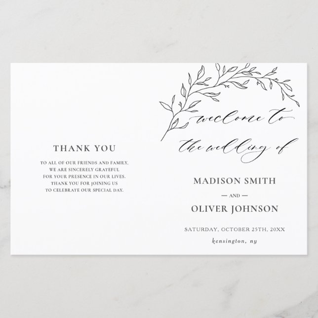 Modern Minimalist Laurel Folded Wedding Program  (Front)