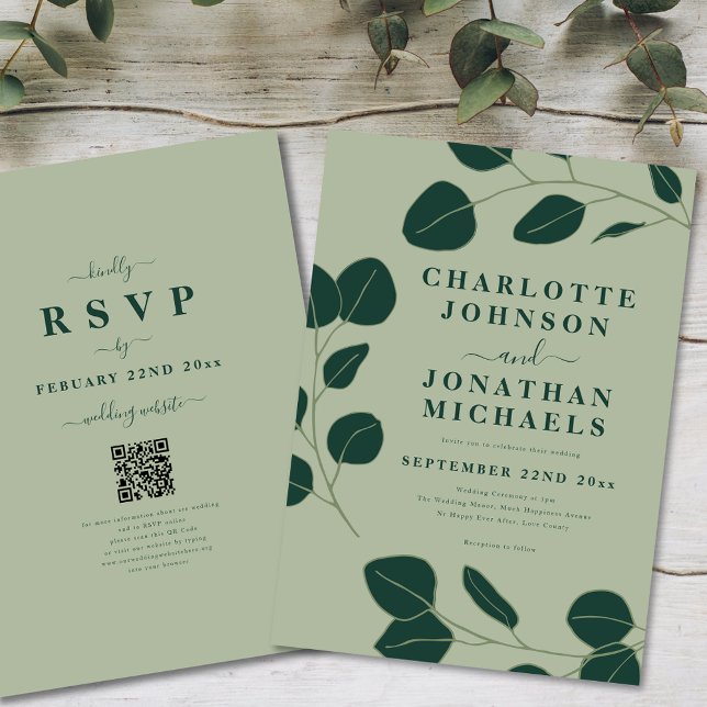 Modern Minimalist Leaf Sage Green Wedding Invitation (Modern minimalist eucalyptus leaf elegant wedding invitation ideal for an outdoor forest wedding)
