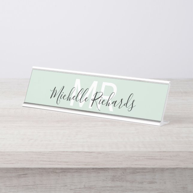 Modern minimalist light green name monogram desk name plate (Front)