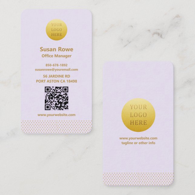 Modern Minimalist Lilac and Gold Dots QR Code Business Card (Front/Back)