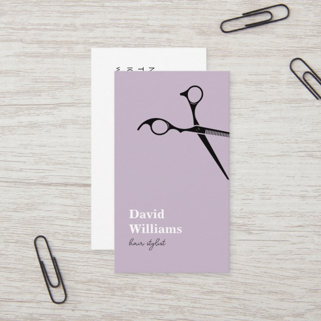 Modern Minimalist Lilac White Hair Stylist Business Card (Front/Back In Situ)