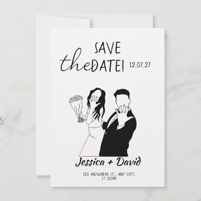 Modern Minimalist Line Art Bride and Groom Wedding Invitation (Front)
