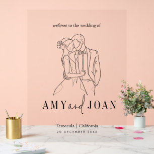 Modern Minimalist Line Drawing of Couple Wedding Acrylic Sign