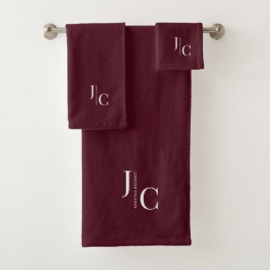 Modern Minimalist Logo Monogram Simple Burgundy Bath Towel Set