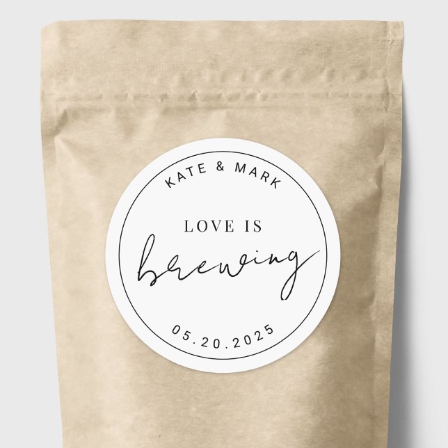 Modern Minimalist Love is Brewing Wedding Favour Classic Round Sticker (Creator Uploaded)