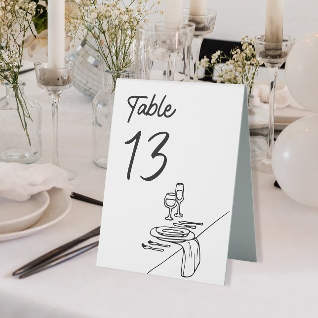 Modern Minimalist Luxury Wedding Hand-Drawn  (Elegant wedding table number card with hand-drawn table setting—perfect for any modern celebration!)