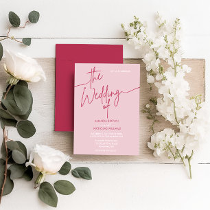 Modern Minimalist Magenta Red and Pink Wedding Invitation
