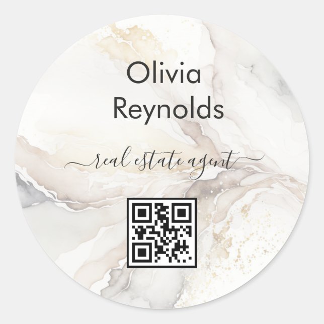 Modern Minimalist Marble Texture Neutral QR Code Classic Round Sticker (Front)