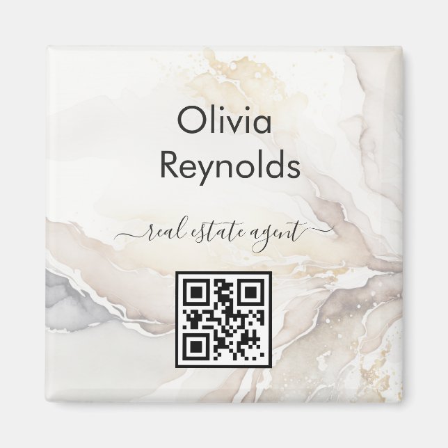 Modern Minimalist Marble Texture Neutral QR Code Magnet (Front)