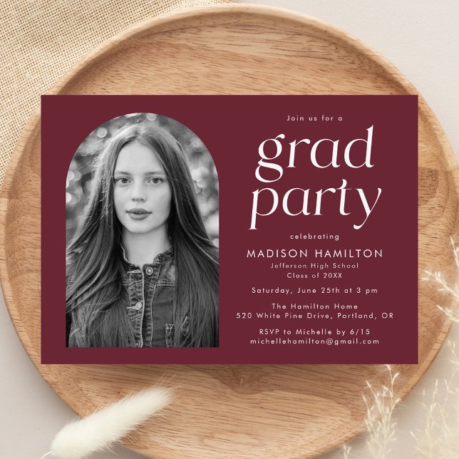 Modern Minimalist Maroon Photo Graduation Party Invitation (Creator Uploaded)