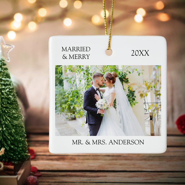 Modern Minimalist Married Merry Photo Wedding Ceramic Ornament (Photo on Front & Back)