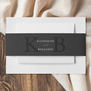Modern Minimalist Matte Black Monogram Wedding Invitation Belly Band