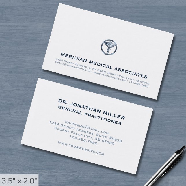 Modern Minimalist Medical Caduceus Logo Blue Business Card (Creator Uploaded)