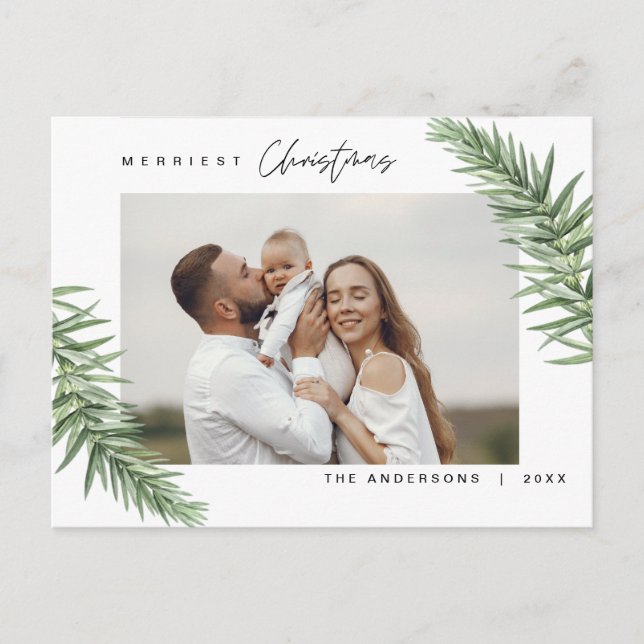 Modern Minimalist, Merriest Christmas Family Postcard (Front)
