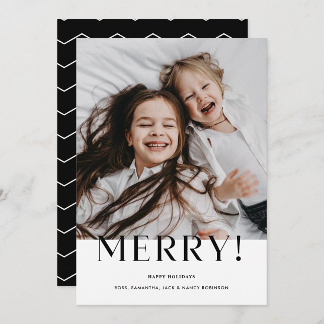 Modern Minimalist Merry Black and White Photo Holiday Card (Front/Back)