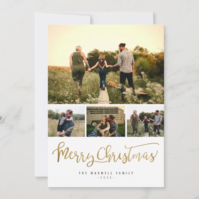 Modern Minimalist Merry Christmas 4 Photo Collage Holiday Card (Front)