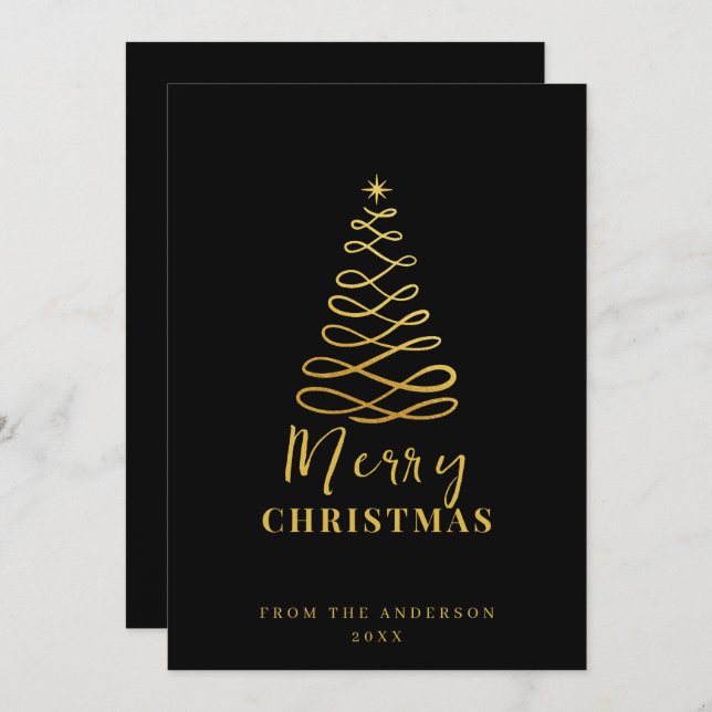 Modern Minimalist Merry Christmas Gold Black Holiday Card (Front/Back)