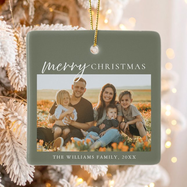 Modern Minimalist Merry Christmas Photo Ceramic Ornament (Creator Uploaded)