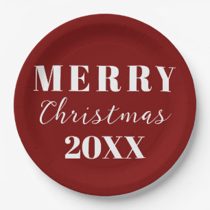 Modern Minimalist Merry Christmas Red Holiday  Paper Plate