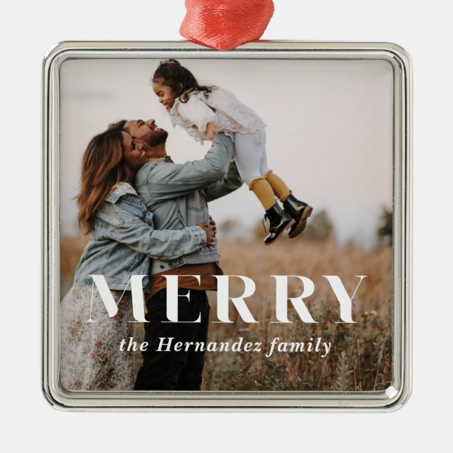 Modern Minimalist Merry Holiday Photo Metal Ornament (Front)