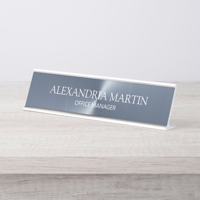 Modern Minimalist Metallic Blue Job Title Name Desk Name Plate (Front)