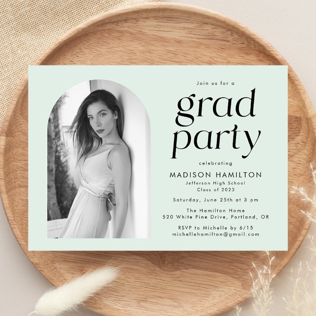 Modern Minimalist Mint Arch Photo Graduation Party Invitation (Creator Uploaded)