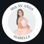 Modern Minimalist Mis XV Años Photo Classic Round Sticker<br><div class="desc">Create your own personalised white border photo round envelope seals for your her 15th birthday. Customise the solid white background colour or the black text colour to match your photo. If you change the font type or size, you can fine tune the curvature of the text in small increments. Have...</div>