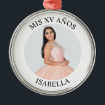 Modern Minimalist Mis XV Años Photo Metal Ornament<br><div class="desc">Create your own personalised white border photo round premium Christmas keepsake ornament for your her 15th birthday. Customise the solid white background colour or the black text colour to match your photo. If you change the font type or size, you can fine tune the curvature of the text in small...</div>