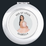 Modern Minimalist Mis XV Años Round Photo Compact Mirror<br><div class="desc">Create your own personalised white border round compact mirror for your her 15th birthday. Customise the solid white background colour or the black text colour to match your photo. If you change the font type or size, you can fine tune the curvature of the text in small increments. Have fun...</div>