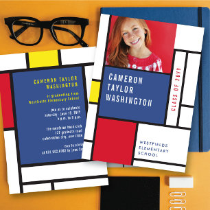 Modern Minimalist Mondrian Photo Graduation Party Invitation