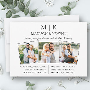 Modern Minimalist Monogram 3 Photo Wedding Invitation