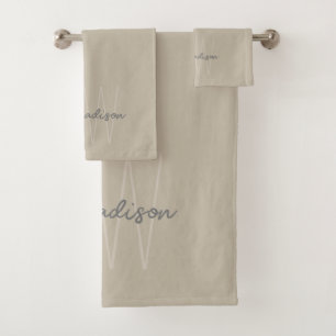 Modern Minimalist Monogram Beige Script Name Bath Towel Set