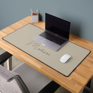 Modern Minimalist Monogram Beige Script Name Desk Mat