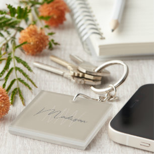 Modern Minimalist Monogram Beige Script Name Key Ring