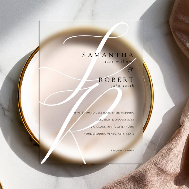 Modern Minimalist Monogram Black and White Wedding Acrylic Invitations (Creator Uploaded)