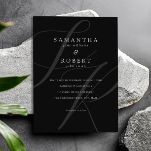 Modern Minimalist Monogram Black and White Wedding Invitation