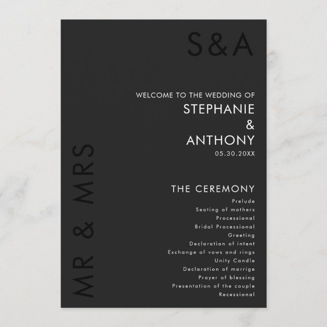 Modern Minimalist Monogram Black and White Wedding Program (Front)