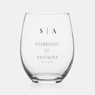 Modern Minimalist Monogram Black and White Wedding Stemless Wine Glass