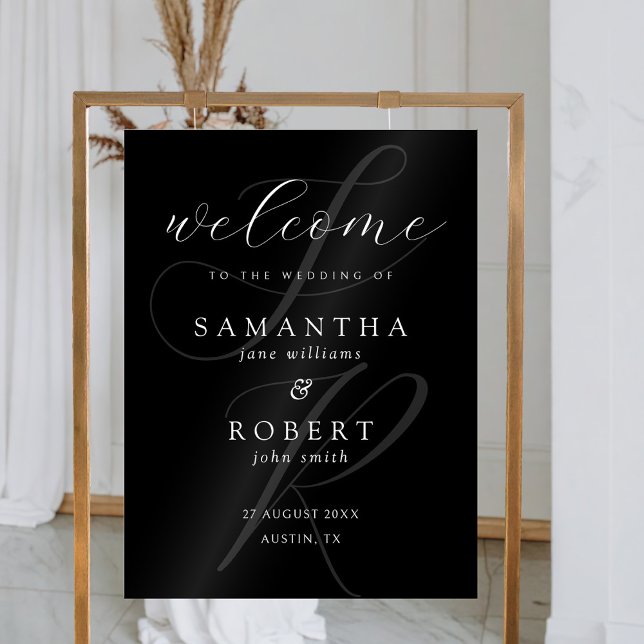 Modern Minimalist Monogram Black Wedding Welcome Acrylic Sign (Creator Uploaded)