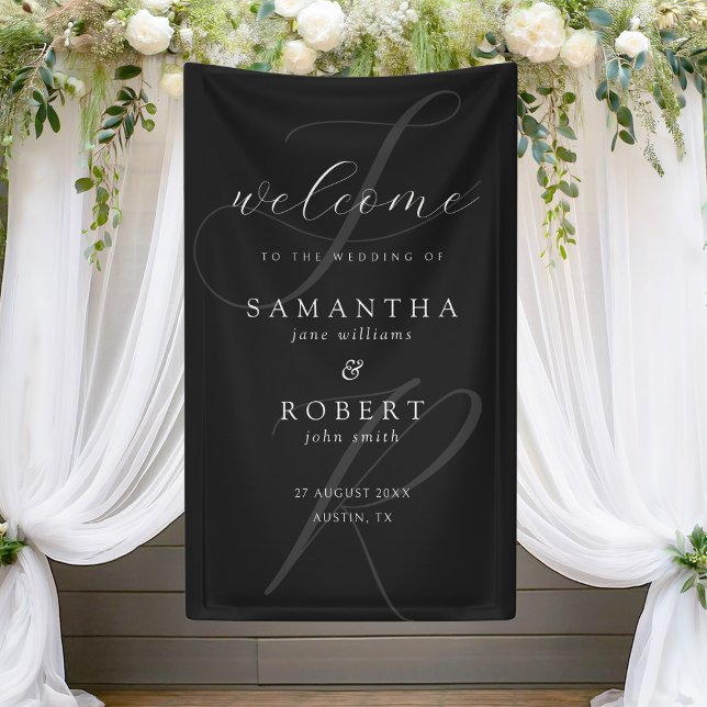 Modern Minimalist Monogram Black Wedding Welcome Banner (Creator Uploaded)