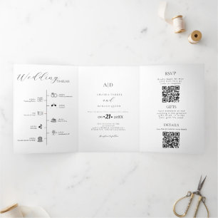 Modern Minimalist Monogram Black & White Wedding  Tri-Fold Invitation