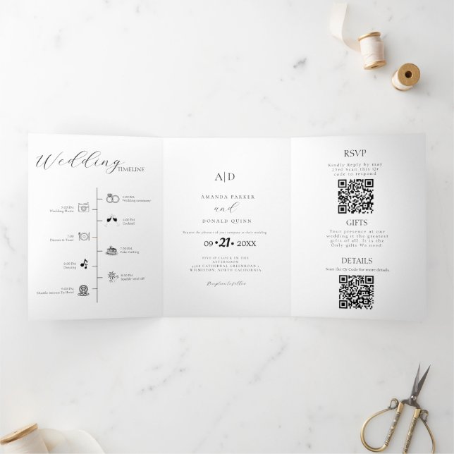 Modern Minimalist Monogram Black & White Wedding  Tri-Fold Invitation (Inside)