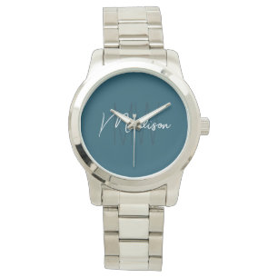 Modern Minimalist Monogram Blue Script Name Watch