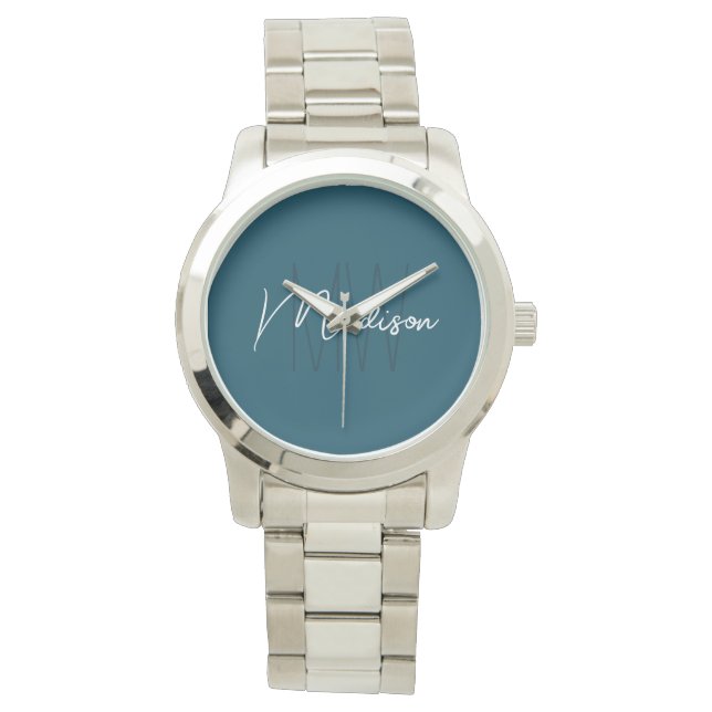 Modern Minimalist Monogram Blue Script Name Watch (Front)